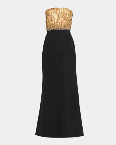 Aidan Mattox Strapless Metallic Feather & Crepe Gown In Multi