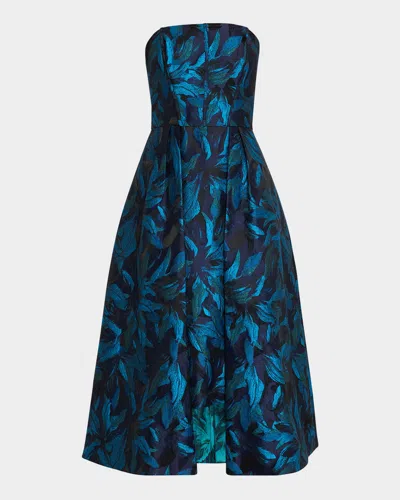 Aidan Mattox Strapless Metallic Jacquard Midi Dress In Blue/black Multi