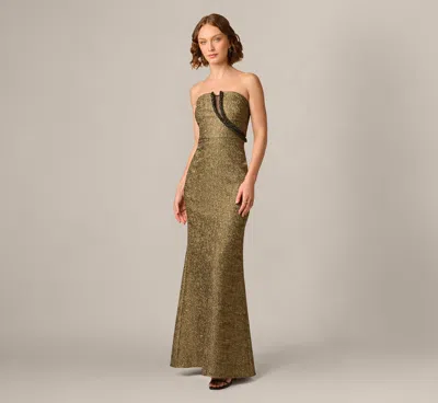 Aidan Mattox Strapless Stretch Jacquard Beaded Illusion Gown In Black Gold In Green