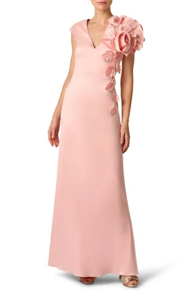 Aidan Mattox Stretch Mikado Rosette Shoulder Gown In Pink Cloud