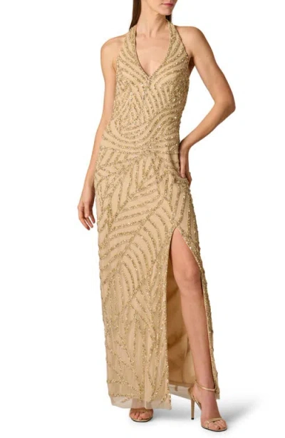 Aidan Mattox Sunburst Art Deco Beaded Halter Gown In Gold In Brown