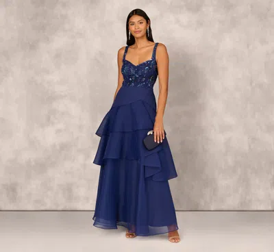 Aidan Mattox Tiered Organza Gown With Beaded Bodice In Navy In Blue