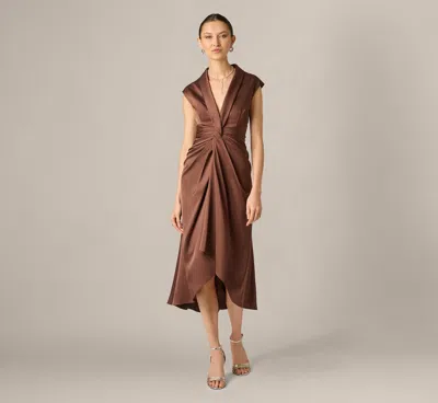 Aidan Mattox Twist Front Satin High Low Midi Dress In Espresso In Brown