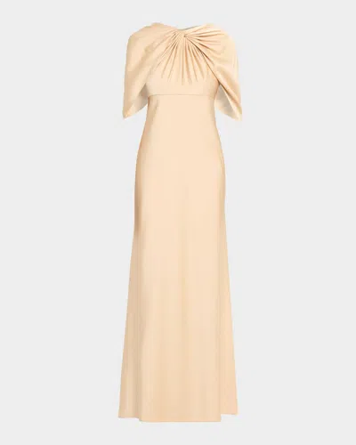 Aidan Mattox Twist-front Satin Cape Gown In Gold