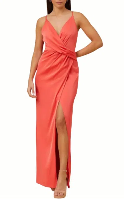 Aidan Mattox V-neck Draped Gown In Sugar Coral In Multi