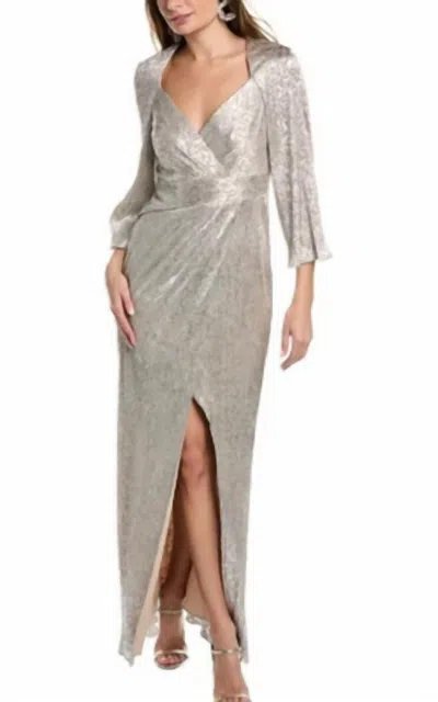 Aidan Mattox V-neck Metallic Sleeved Gown In Silver/beige