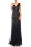 Aidan Mattox V-neck Sleeveless Beaded Evening Gown In Twilight