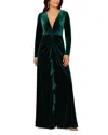 Aidan Mattox By Adrianna Papell Twisted Ruffle Long Sleeve Stretch Velvet Gown In Green