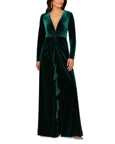Aidan Mattox Velvet Twist Gown In Green