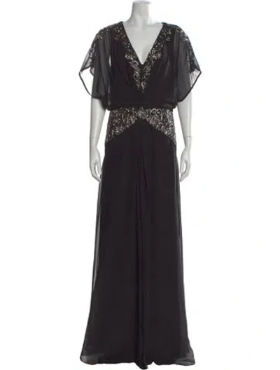 Pre-owned Aidan Mattox V-neck Long Dress In Black