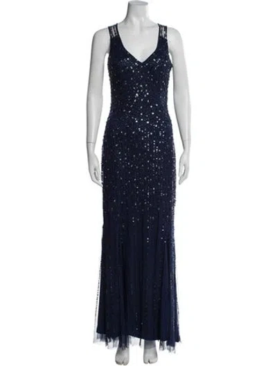 Pre-owned Aidan Mattox V-neck Long Dress In Blue
