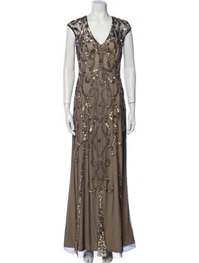 Pre-owned Aidan Mattox V-neck Long Dress In Brown
