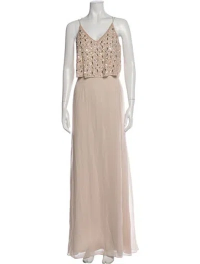 Pre-owned Aidan Mattox V-neck Long Dress In Neutral