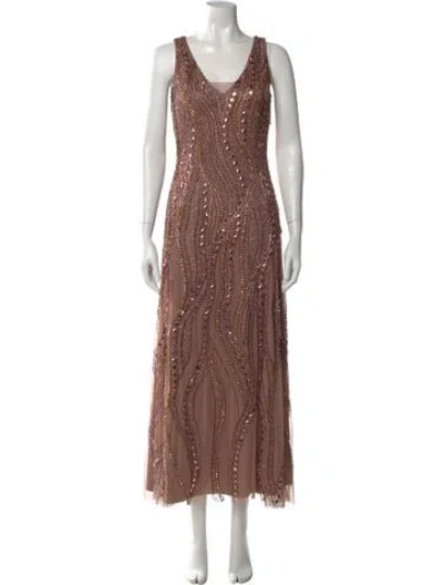 Pre-owned Aidan Mattox V-neck Long Dress In Neutral