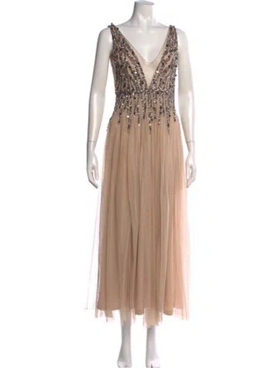 Pre-owned Aidan Mattox V-neck Long Dress In Neutral