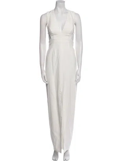 Pre-owned Aidan Mattox V-neck Long Dress In White