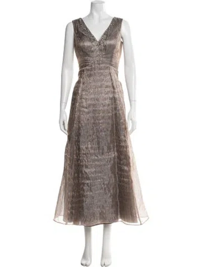 Pre-owned Aidan Mattox V-neck Midi Length Dress In Brown