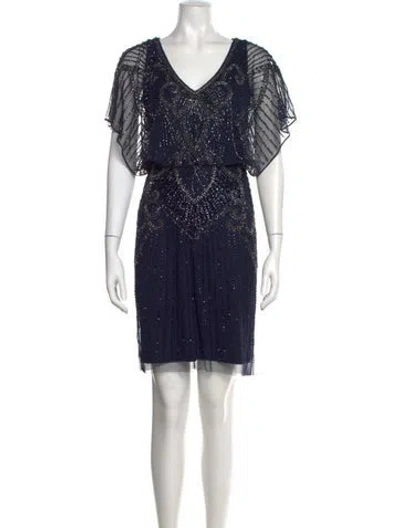 Pre-owned Aidan Mattox V-neck Mini Dress In Blue