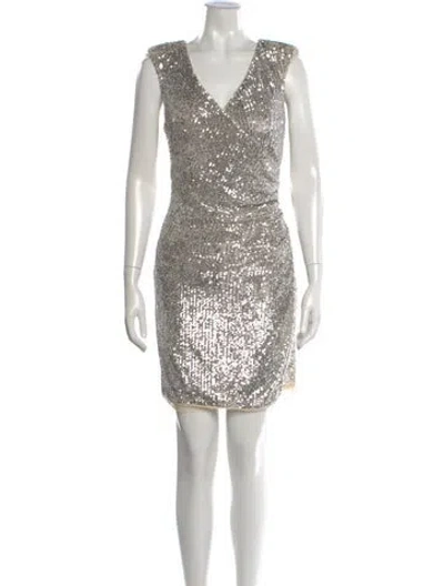 Pre-owned Aidan Mattox V-neck Mini Dress In Silver