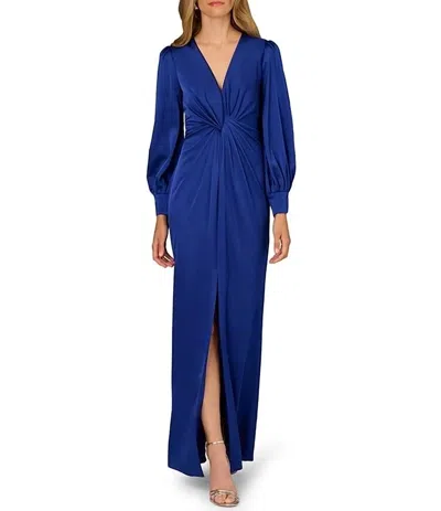 Aidan Mattox V-neckline Long Sleeve Front Knot Satin Long Dress In Royal Sapphire In Blue