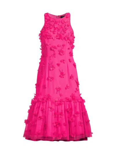 Aidan Mattox Floral Applique Embellished Midi Dress In Electric Pink
