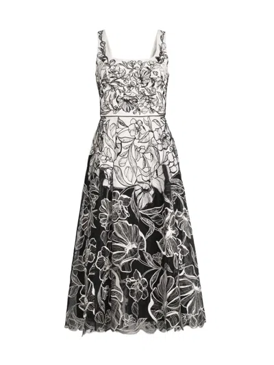 Aidan Mattox Sleeveless Embroidered Two Tone Midi Dress In Ivory Black In Multi