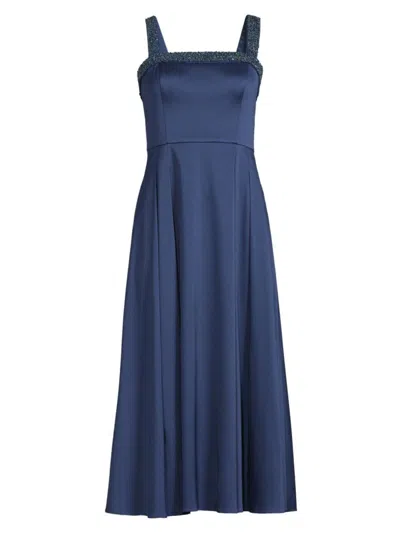 Aidan Mattox Women's Satin Embellished Neck Midi-dress In Navy