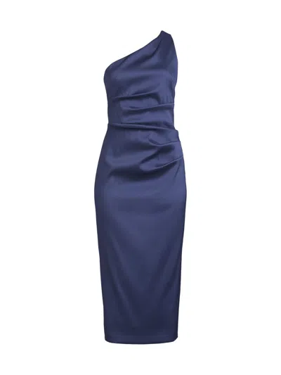 Aidan Mattox One Shoulder Satin Pleat Midi Dress In Navy In Blue