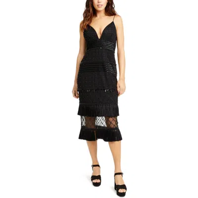 Aidan Mattox Womens Beaded Fringe Midi Dress In Black
