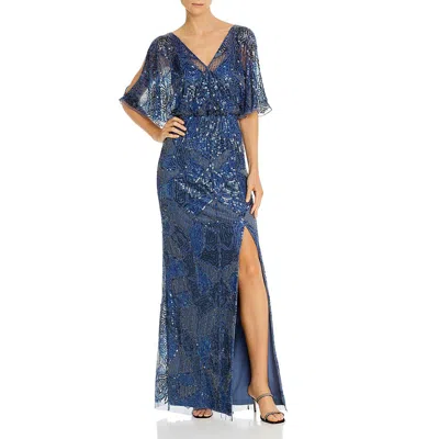 Aidan Mattox Womens Mesh Embellished Evening Dress In Blue