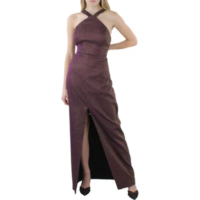 Aidan Mattox Womens Metallic Halter Evening Dress In Purple