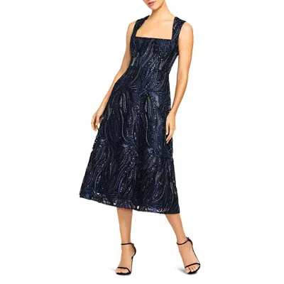Aidan Mattox Womens Sequined Box Neck Fit & Flare Dress In Blue