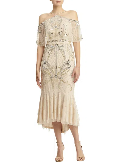 Aidan Mattox Womens Sequined Midi Cocktail Dress In White