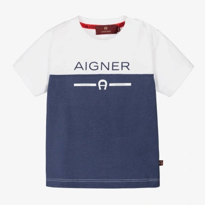 Aigner Baby Boys White & Blue Cotton T-shirt