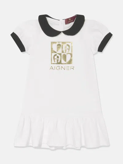 Aigner Babies' Logo印花荷叶边连衣裙 In White