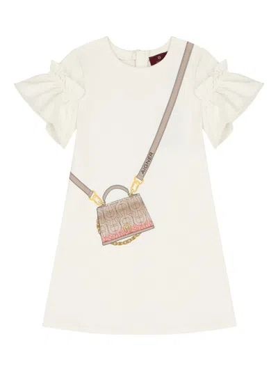 Aigner Kids' Bag-print Ruffle-sleeve Dress In Nude