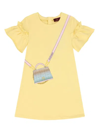 Aigner Kids' Bag-print Ruffle-sleeve Dress In Yellow