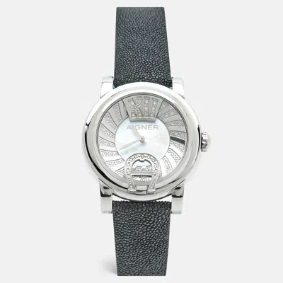 Pre-owned Aigner Bari Donna A37209 Mother Of Pearl Diamond Stainless Steel Stingray Leather Women's Wristwatch 42 Mm In Black