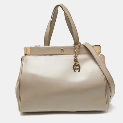 Aigner Beige Leather Frame Tote In Brown