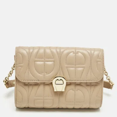 Pre-owned Aigner Beige Logo Embossed Leather Genoveva Belt Bag In Sand