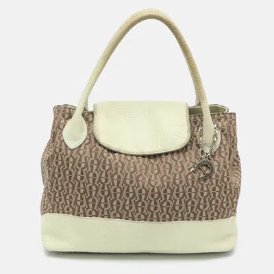Pre-owned Aigner Beige Signature Canvas And Leather Satchel