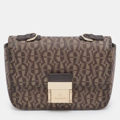 Pre-owned Aigner Beige/brown Coated Canvas Crossbody Bag In Sand