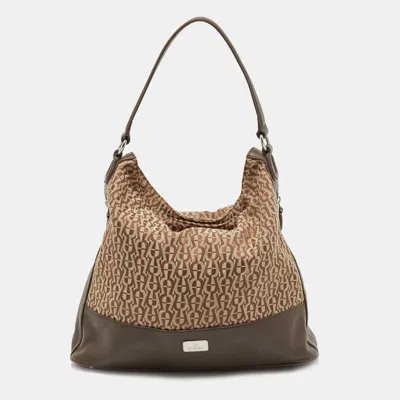 Aigner Beige/brown Monogram Canvas And Leather Side Zip Hobo In Sand