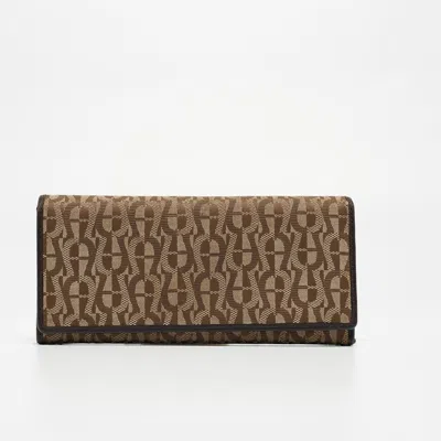 Aigner Beige/brown Signature Canvas And Leather Flap Continental Wallet
