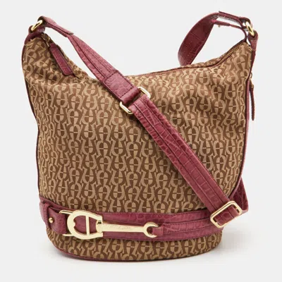 Pre-owned Aigner Beige/pink Signature Canvas And Croc Embossed Leather Hobo