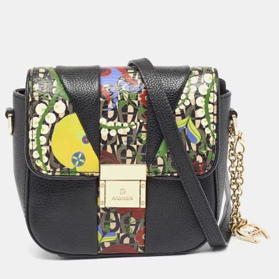 Pre-owned Aigner Black Leather And Coated Canvas Crossbody Bag In Multicolor