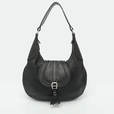 Pre-owned Aigner Black Leather And Lizard Embossed Leather Hobo