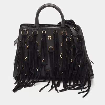 Pre-owned Aigner Black Leather And Suede Small Fringe Cybill Bag