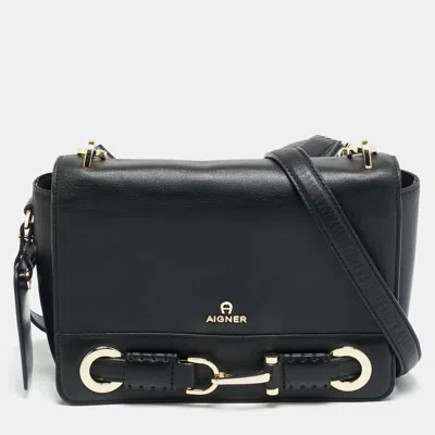 Aigner Black Leather Flap Shoulder Bag