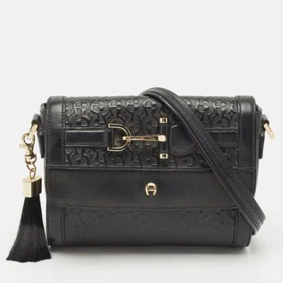 Pre-owned Aigner Black Leather Logo Embossed Flap Crossbody Bag